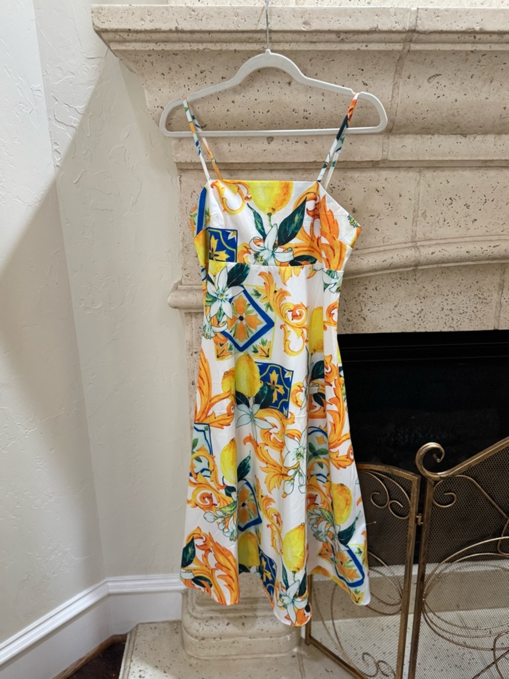 Women’s White Lemon Print Sundress - Yellow & Blue Floral Pattern Size Large